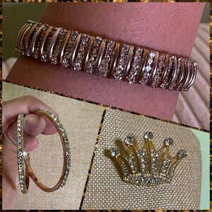 Elegant 3 Piece Gold Sparkly Bracelet, Brooch and Hoop Earrings